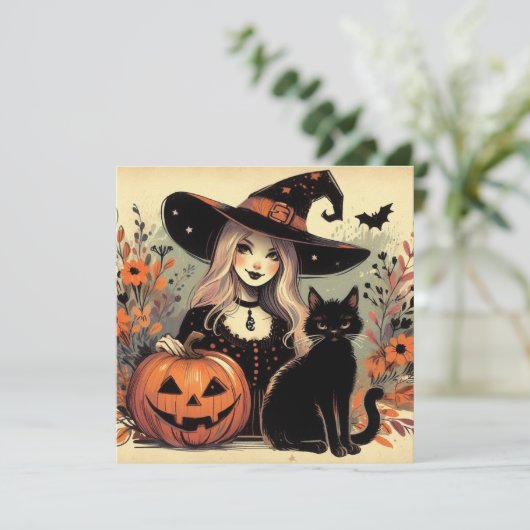 Retro Halloween Heks met Zwarte Kat en Pompoen Kaart (Staand voorkant)