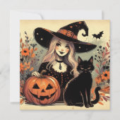 Retro Halloween Heks met Zwarte Kat en Pompoen Kaart (Voorkant)