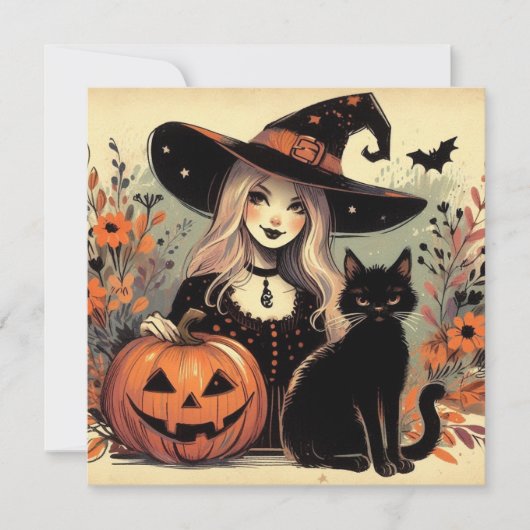 Retro Halloween Heks met Zwarte Kat en Pompoen Kaart (Voorkant)