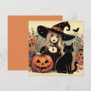 Retro Halloween Heks met Zwarte Kat en Pompoen Kaart
