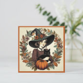 Retro Halloween Heks met Zwarte Kat en Pompoen Kaart (Staand voorkant)