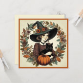 Retro Halloween Heks met Zwarte Kat en Pompoen Kaart (Voorkant / Achterkant in situ)