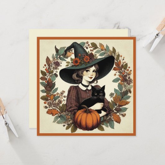 Retro Halloween Heks met Zwarte Kat en Pompoen Kaart (Voorkant / Achterkant in situ)