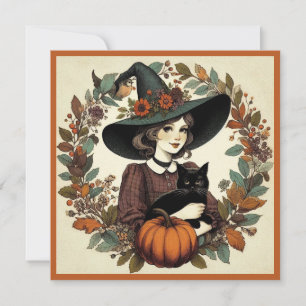 Retro Halloween Heks met Zwarte Kat en Pompoen Kaart