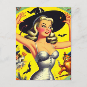 Retro Halloween Heks Pin-up Briefkaart