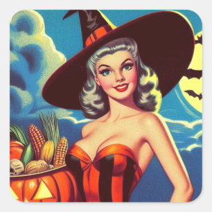 Retro halloween Heks Pin-up Vierkante Sticker