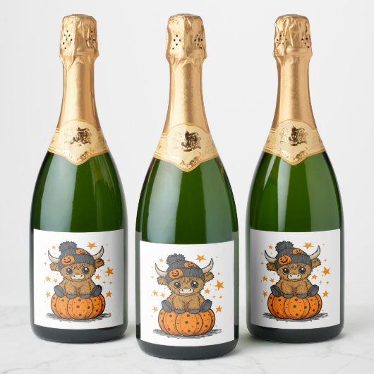 Retro Halloween Highland Koe Sparkling Wijnetiket (Flessen)