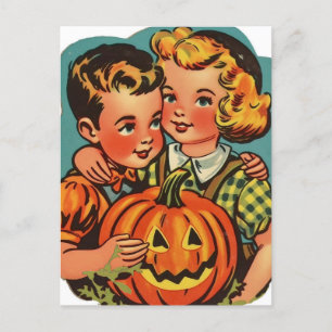 Retro Halloween Jongen en Meisje met Jack-o-Lanter Briefkaart