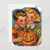 Retro Halloween Jongen en Meisje met Jack-o-Lanter Briefkaart (Voorkant / Achterkant)
