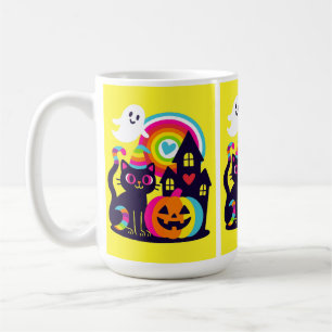 Retro Halloween Kawaii Zwarte Kat, Pompoen ontwerp Koffiemok