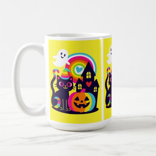 Retro Halloween Kawaii Zwarte Kat, Pompoen ontwerp Koffiemok (Links)