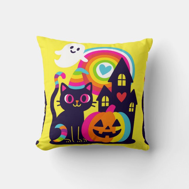 Retro Halloween Kawaii Zwarte Kat, Pompoen ontwerp Kussen (Voorkant)