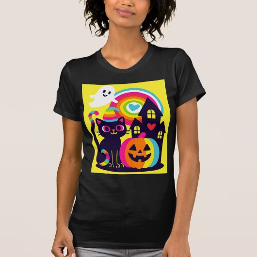 Retro Halloween Kawaii Zwarte Kat, Pompoen ontwerp T-shirt (Voorkant)