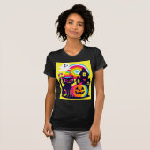 Retro Halloween Kawaii Zwarte Kat, Pompoen ontwerp T-shirt (Voorkant volledig)
