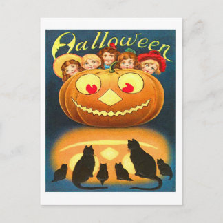 Retro Halloween kinderen en katten Briefkaart