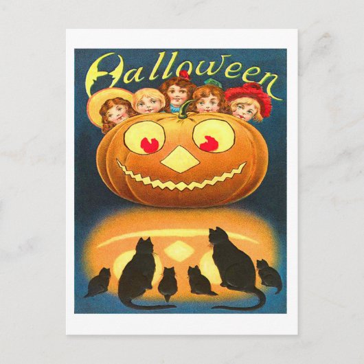 Retro  Halloween kinderen en katten Briefkaart (Voorkant)