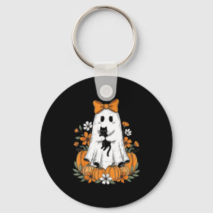 Retro Halloween Lief Geestje met Zwarte Kat Flora Sleutelhanger