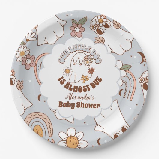 Retro Halloween Little Boo Baby shower Papieren Bordje (Voorkant)