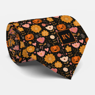 Retro Halloween Oranje Pompoenen Roze Hart Bloemen Stropdas