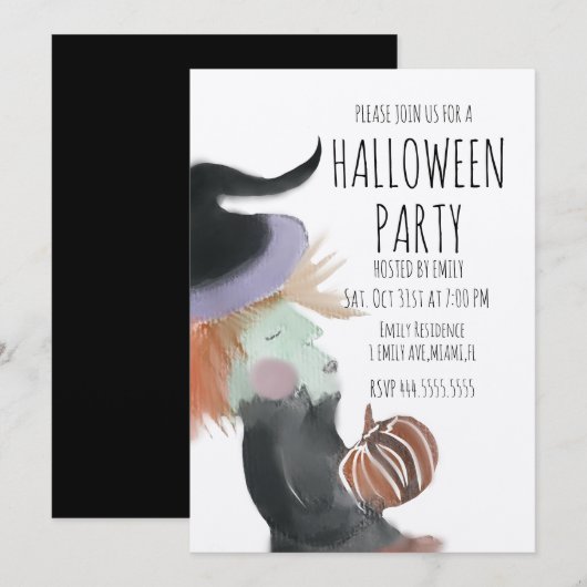 Retro Halloween Party Waterverf Witch Pumpkin Kaart (Voorkant / Achterkant)