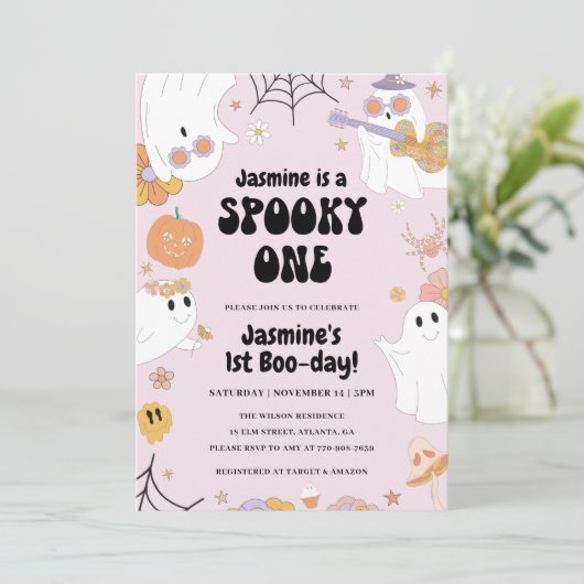 Retro Halloween Pink 1e verjaardag Uitnodiging (Staand voorkant)