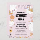 Retro Halloween Pink 1e verjaardag Uitnodiging (Voorkant / Achterkant)