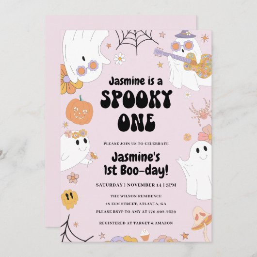 Retro Halloween Pink 1e verjaardag Uitnodiging (Voorkant / Achterkant)
