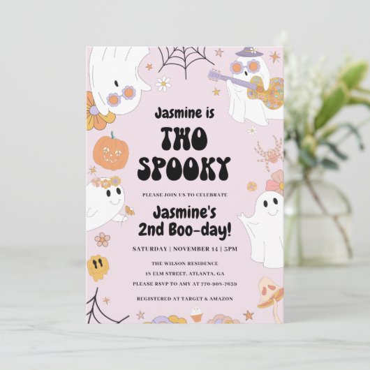 Retro Halloween Pink 2e verjaardag Uitnodiging (Staand voorkant)