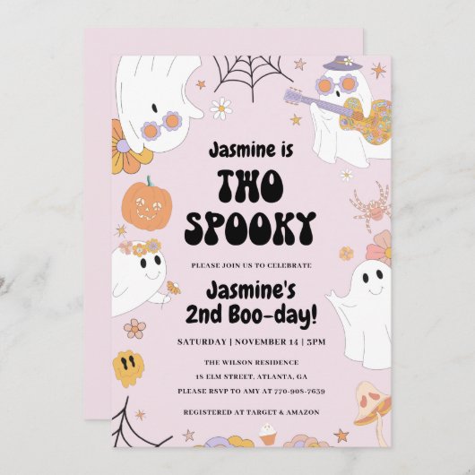 Retro Halloween Pink 2e verjaardag Uitnodiging (Voorkant / Achterkant)