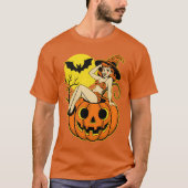 Retro Halloween Pinup Witch op Pompoen T-shirt (Voorkant)