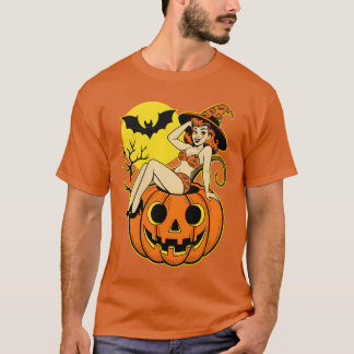 Retro Halloween Pinup Witch op Pompoen T-shirt