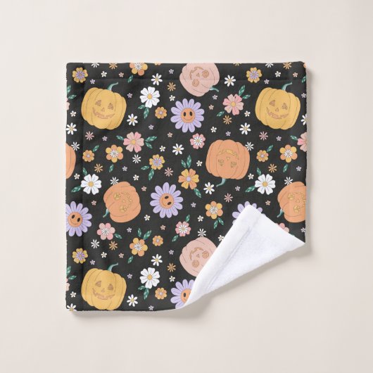 Retro Halloween pompoenen en bloemen patroon Bad Handdoek (Wasdoekje)