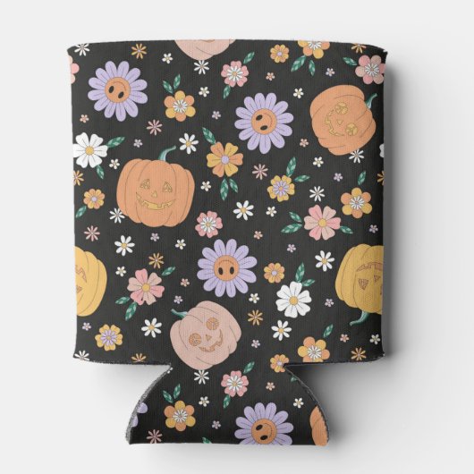Retro Halloween pompoenen en bloemen patroon Blikjeskoeler (Achterkant)