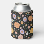 Retro Halloween pompoenen en bloemen patroon Blikjeskoeler (Blikje Achterkant)