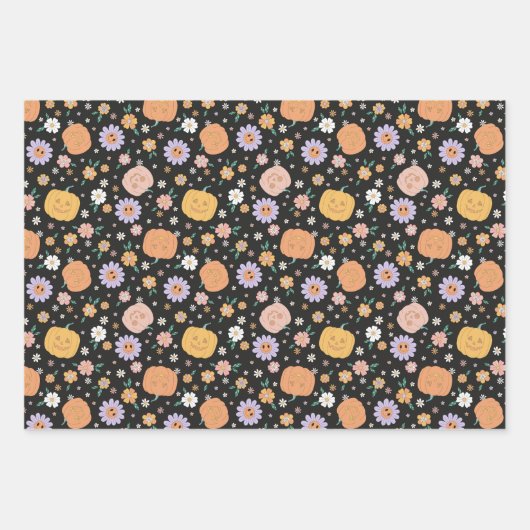 Retro Halloween pompoenen en bloemen patroon Inpakpapier Vel (Voorkant 3)
