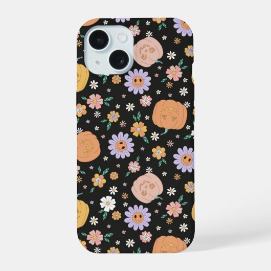Retro Halloween pompoenen en bloemen patroon iPhone 15 Case (Achterkant)