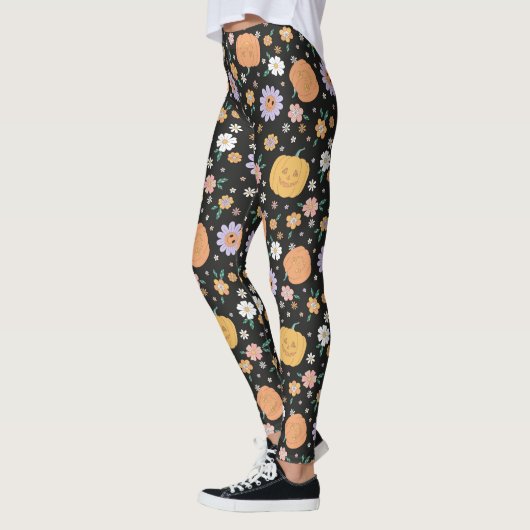 Retro Halloween pompoenen en bloemen patroon Leggings (Links)