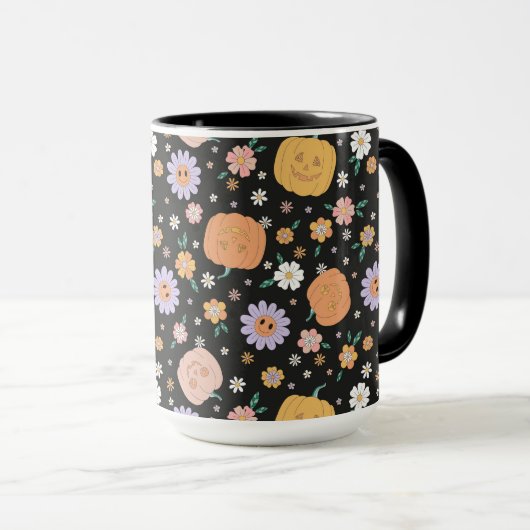 Retro Halloween pompoenen en bloemen patroon Mok (Voorkant rechts)