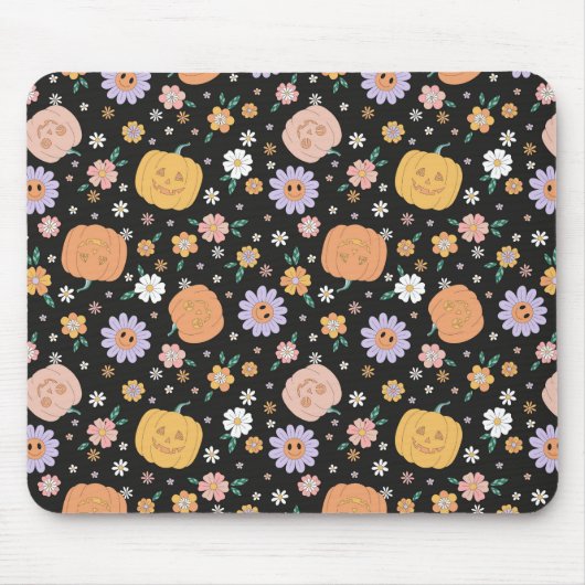 Retro Halloween pompoenen en bloemen patroon Muismat (Voorkant)