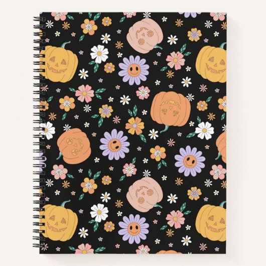 Retro Halloween pompoenen en bloemen patroon Notitieboek (Voorkant)