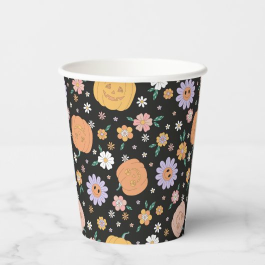 Retro Halloween pompoenen en bloemen patroon Papieren Bekers (Achterkant)