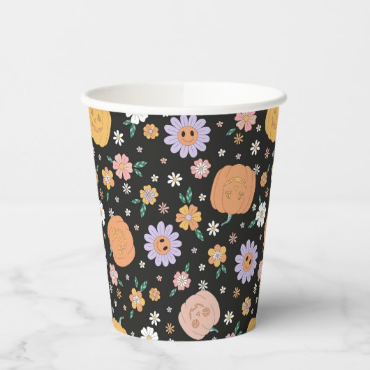 Retro Halloween pompoenen en bloemen patroon Papieren Bekers (Links)