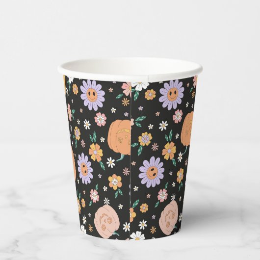Retro Halloween pompoenen en bloemen patroon Papieren Bekers (Rechts)