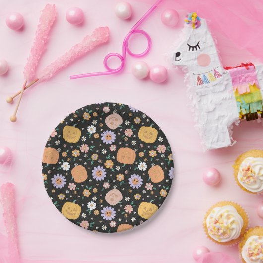 Retro Halloween pompoenen en bloemen patroon Papieren Bordje (Feest)