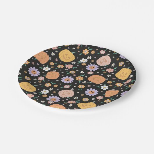 Retro Halloween pompoenen en bloemen patroon Papieren Bordje (Gekanteld)