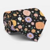 Retro Halloween pompoenen en bloemen patroon Stropdas (Opgerold)