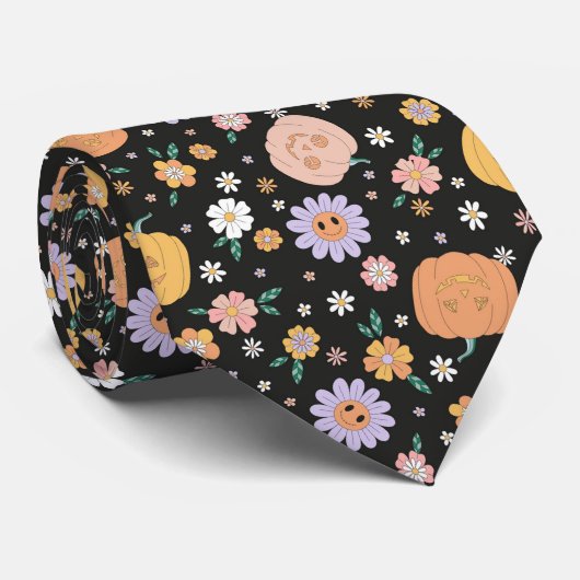 Retro Halloween pompoenen en bloemen patroon Stropdas (Opgerold)