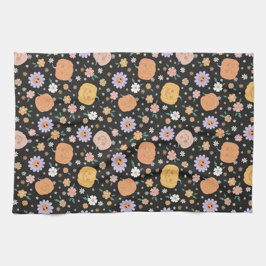 Retro Halloween pompoenen en bloemen patroon Theedoek (Horizontaal)