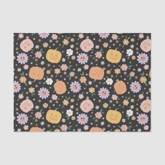 Retro Halloween pompoenen en bloemen patroon Tissuepapier (Voorkant)