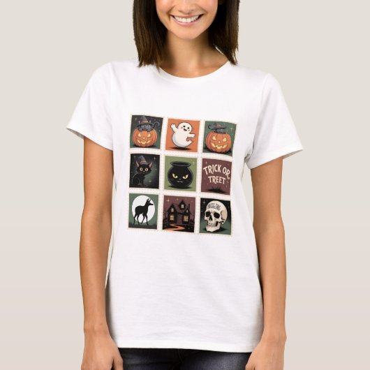 Retro Halloween Postzegel Collectie T-Shirt (Voorkant)